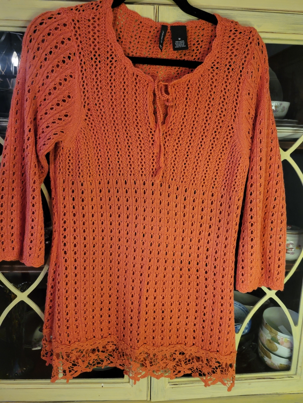 new directions Coral Openwork Crochet Tunic with Tie Neck